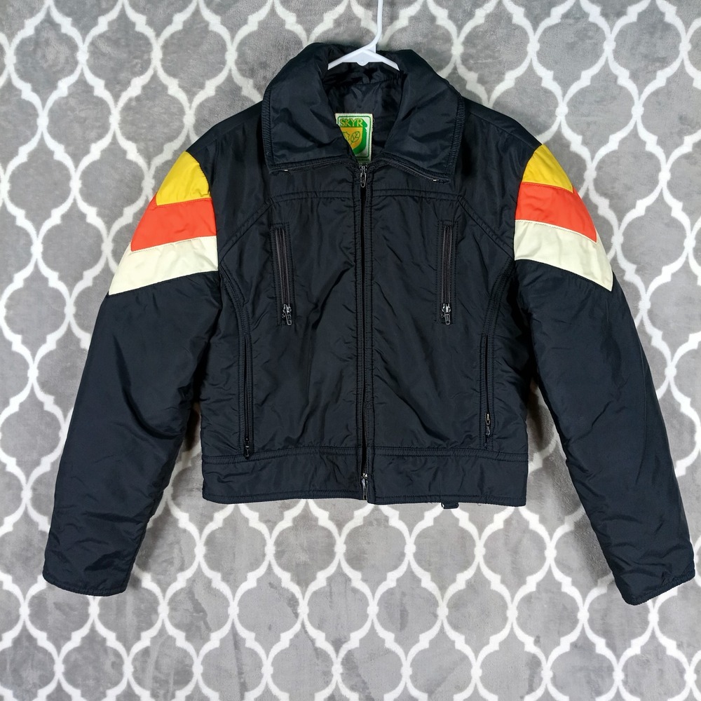 Skyr Vintage Ski Jacket Mens Small Black Retro Stripe Puffer Coat